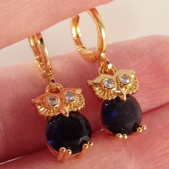 18K Yellow Gold Filled Blue Sapphire Diamond Zircon Owl Dangle Earrings 2.04ctw - Picture 3 of 4